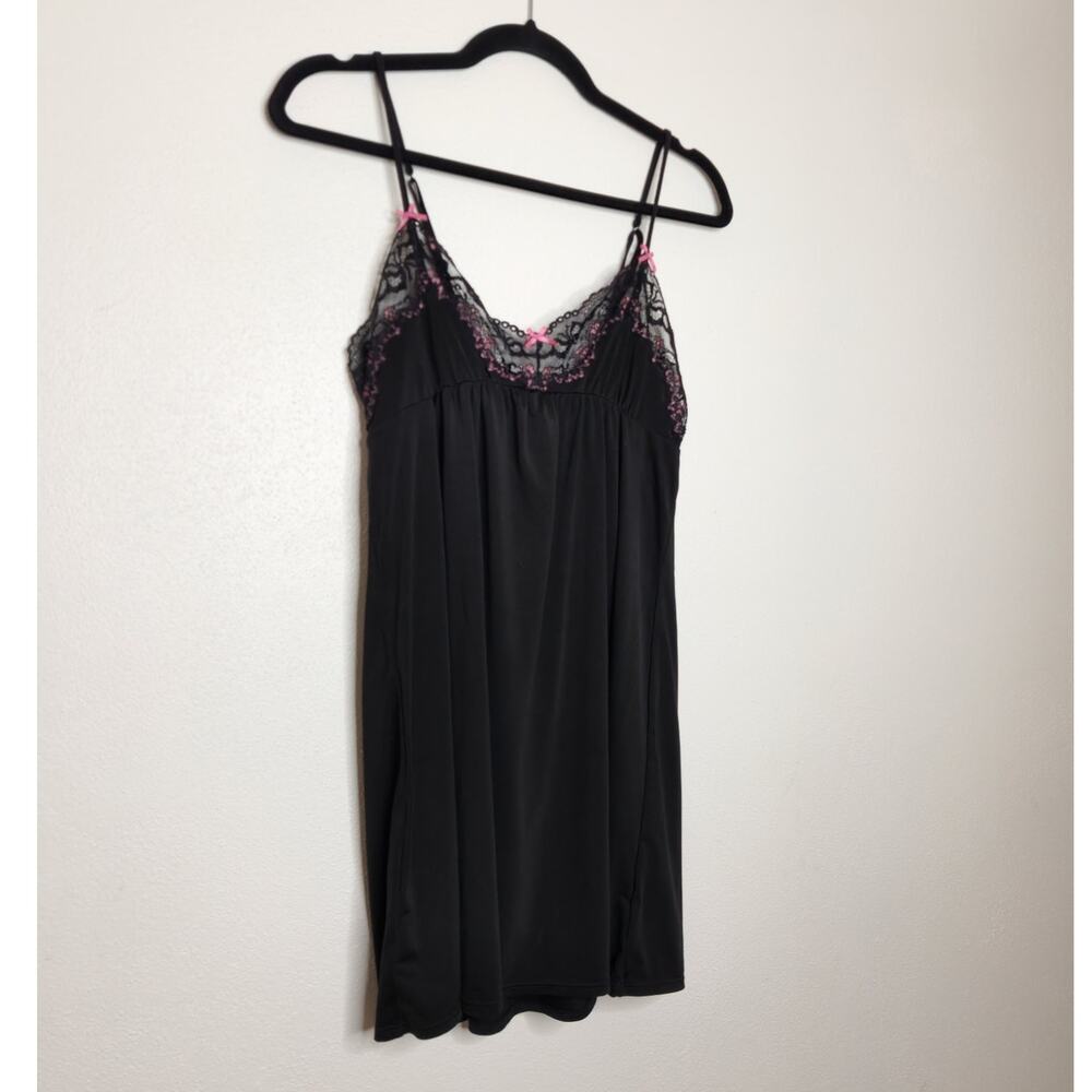 Y2k Betsey Johnson Intimates Small Black Lace Bows Slip Dress Gath Emo View 2